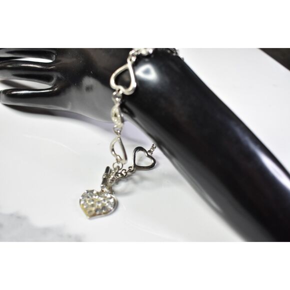 Silver Tone Heart Link Bracelet with Rhinestones - Size 7 - Picture 3 of 8